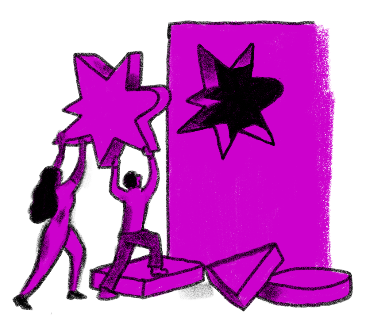 Two people working together to place a unique star shape into its matching opening — a metaphor for the right person finding the right role.
